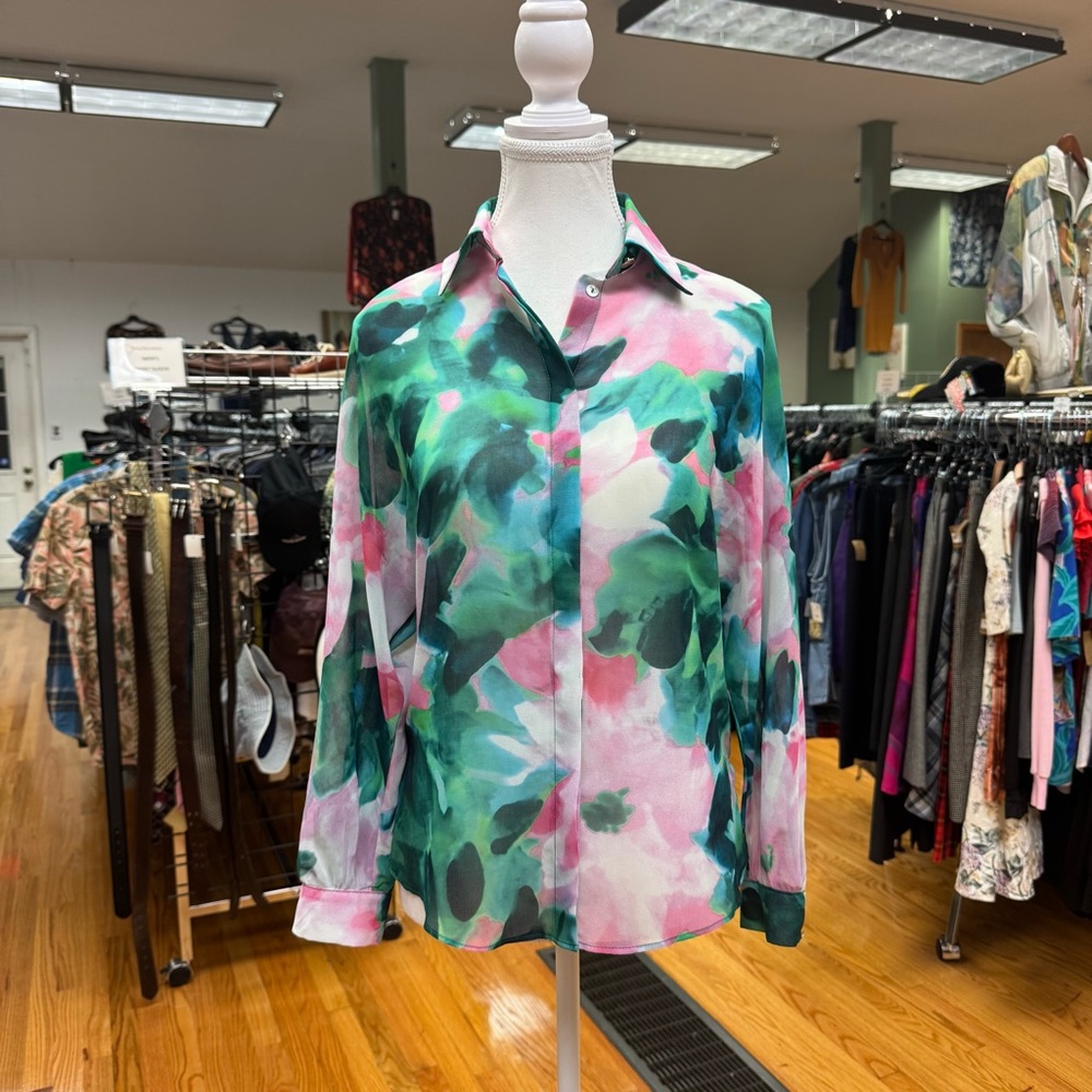 Zara Sheer Tropical Floral Button-Up Long Sleeve Blouse